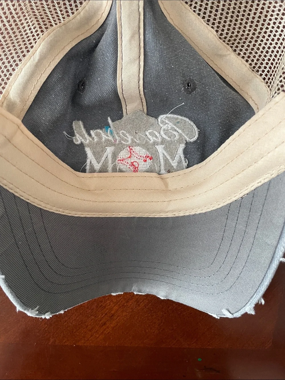 Baseball Mom Distressed Trucker Hat - Gray and Tan